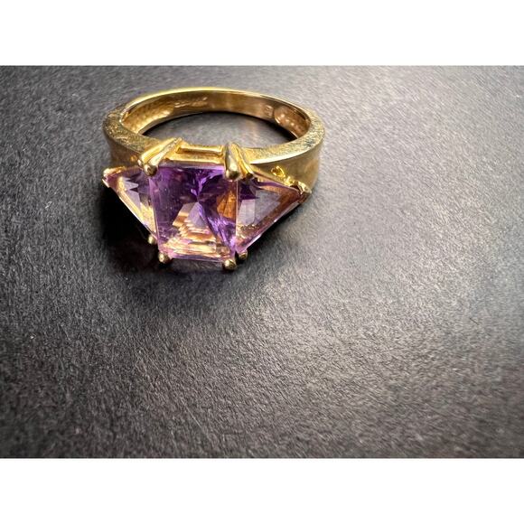 Vintage Ross-Simons 14K Yellow Gold Trillion Cut Amethyst 3 Stone Ring Size 7 - Picture 14 of 16